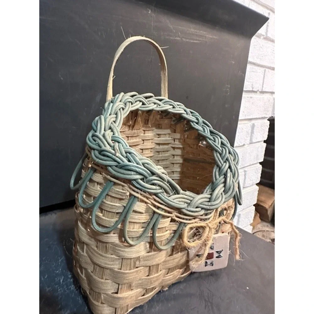 Handmade Woven Wall Pocket Basket Blue Green  Ceramic‎ Star Charm Rustic Decor
